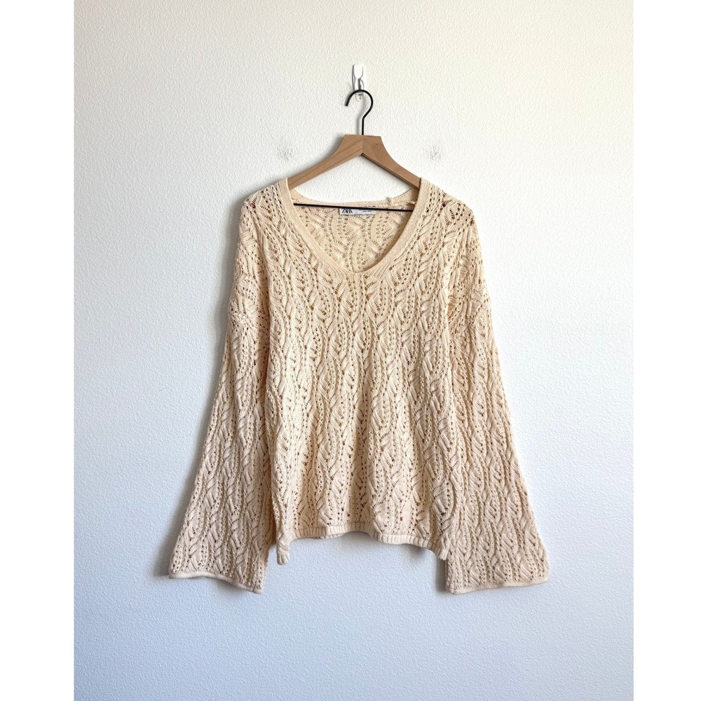 ZARA Cream Crochet Knit VNeck Bell Sleeve Boho Sweater Cottagecore Beach Coverup